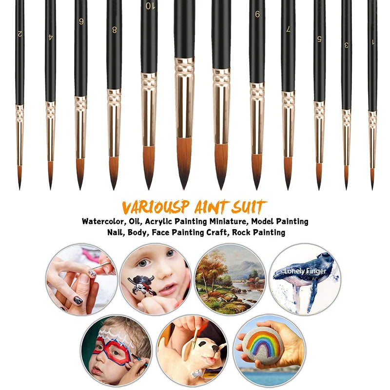 Professional Paint Brush Set (12pcs) – Nylon Round Tips for All Media - ARTORIA